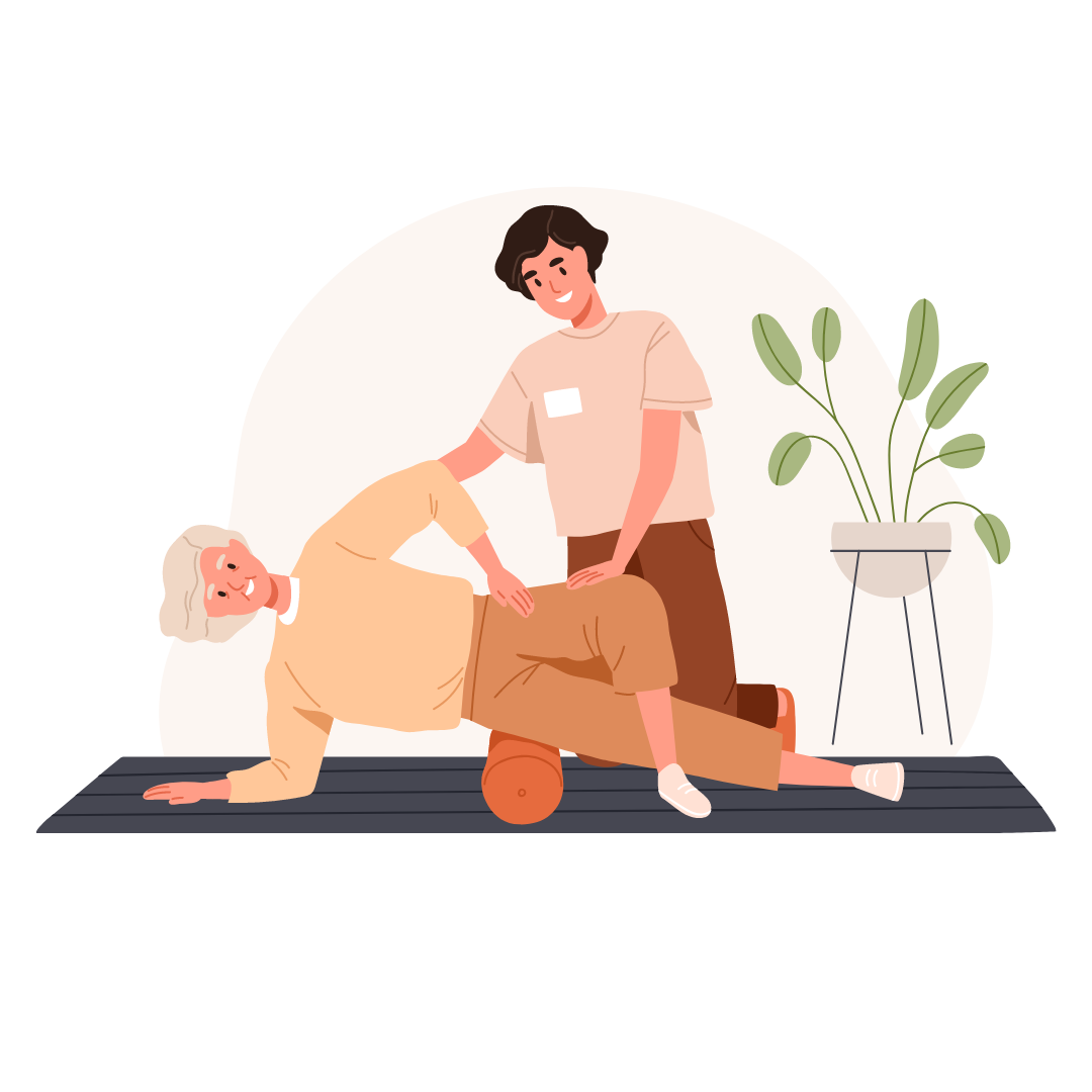 Therapeut unterstützt Frau bei Hüftgymnastik